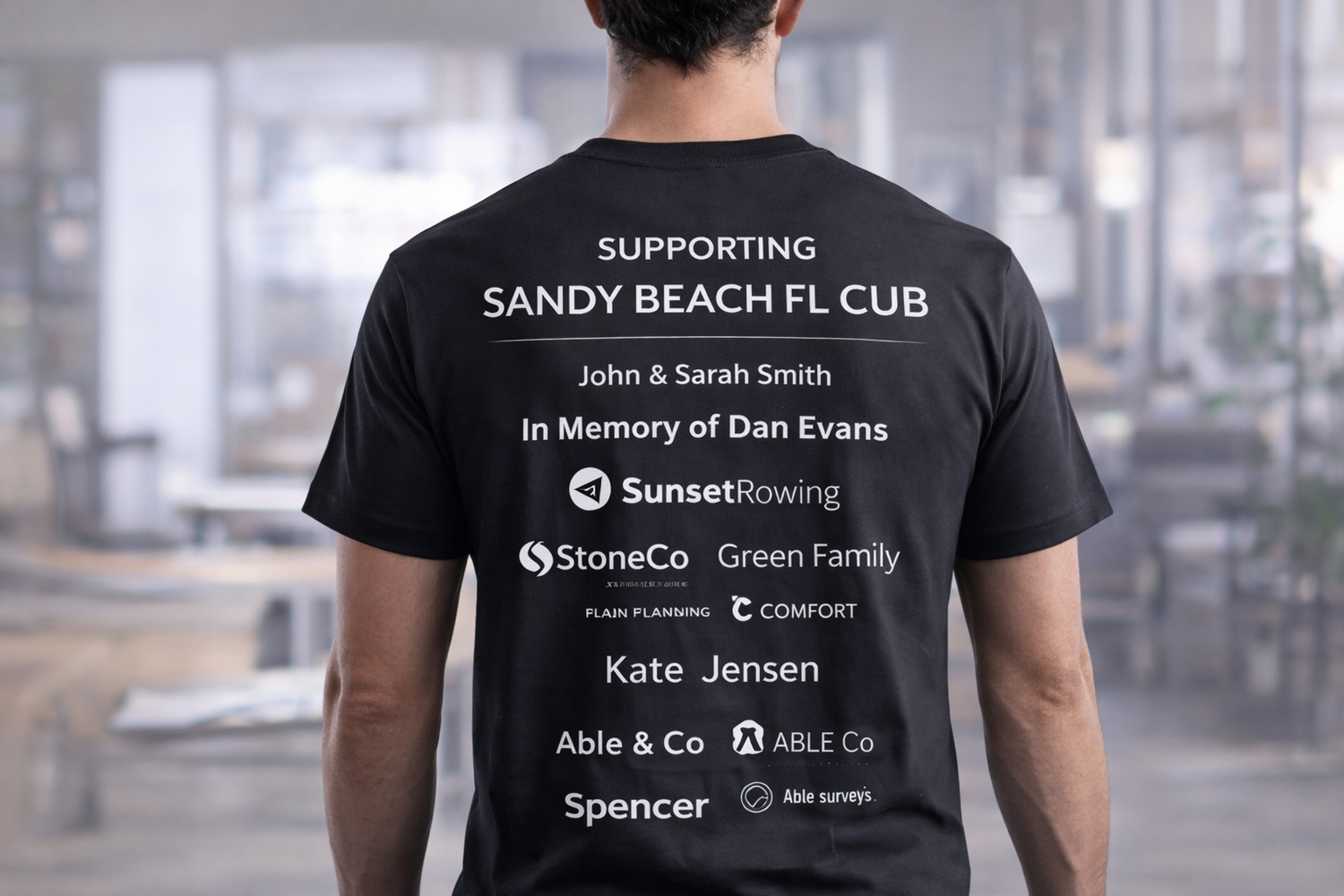 Sponsorship on the back of black T-shirt representing a fundraiser