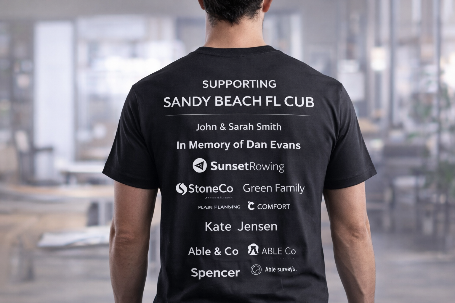 Sponsorship on the back of black T-shirt representing a fundraiser
