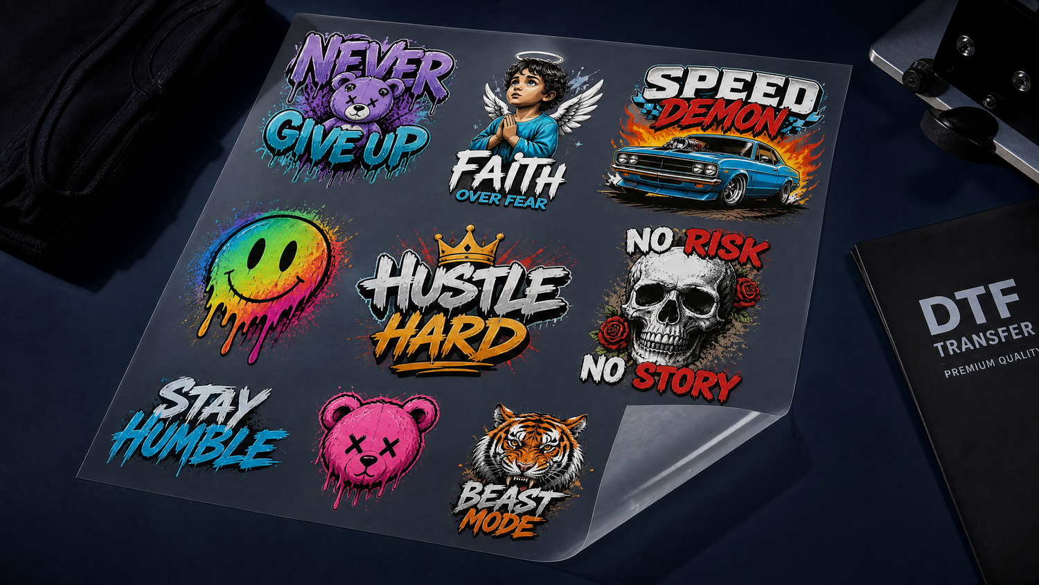 Sheet of motivational apparel custom heat  press film with various designs on a dark surface