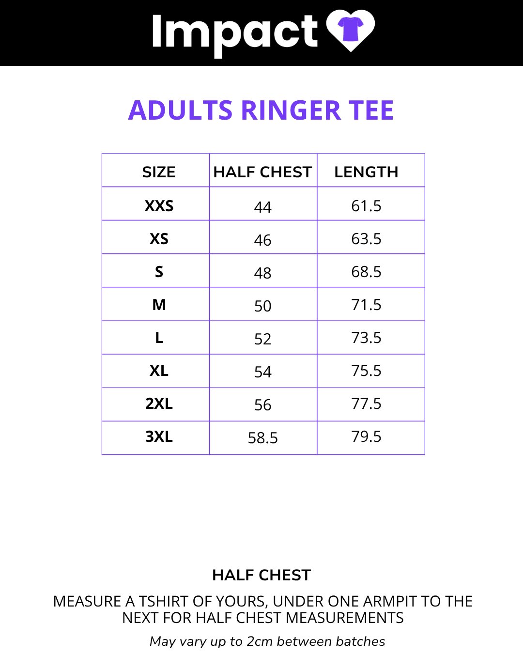 Size chart for Unisex Ringer Tee