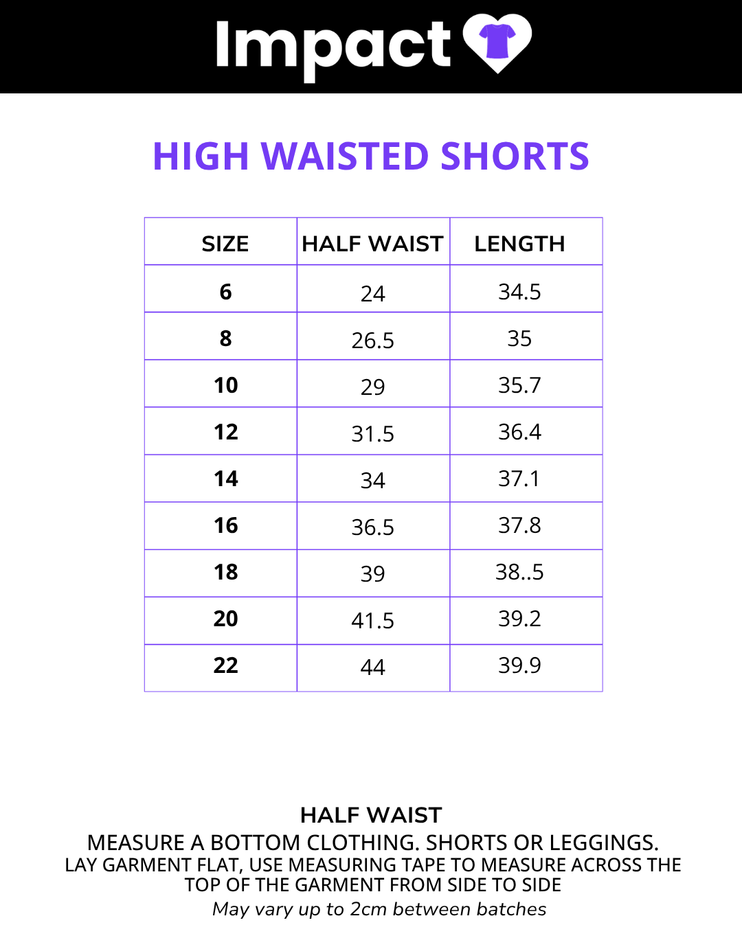 Size chart for High Rise Shorts