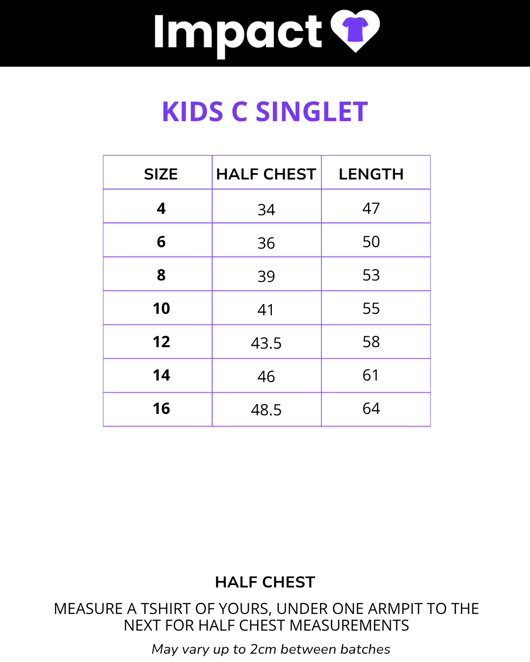 Size chart for Kids Challenger Singlet