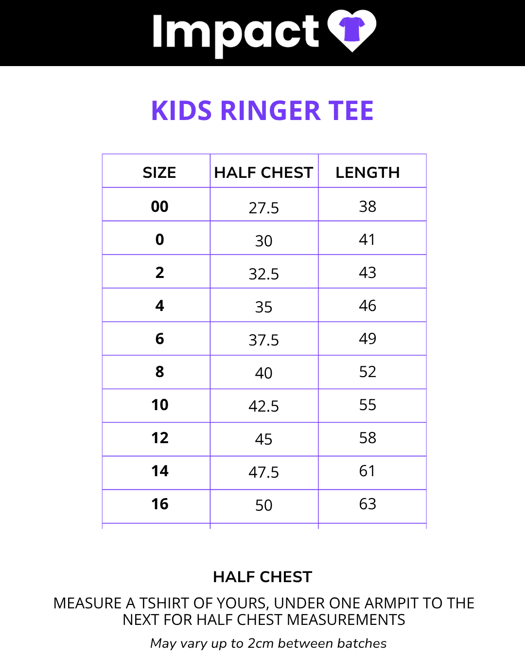 Size chart for Kids Ringer Tee