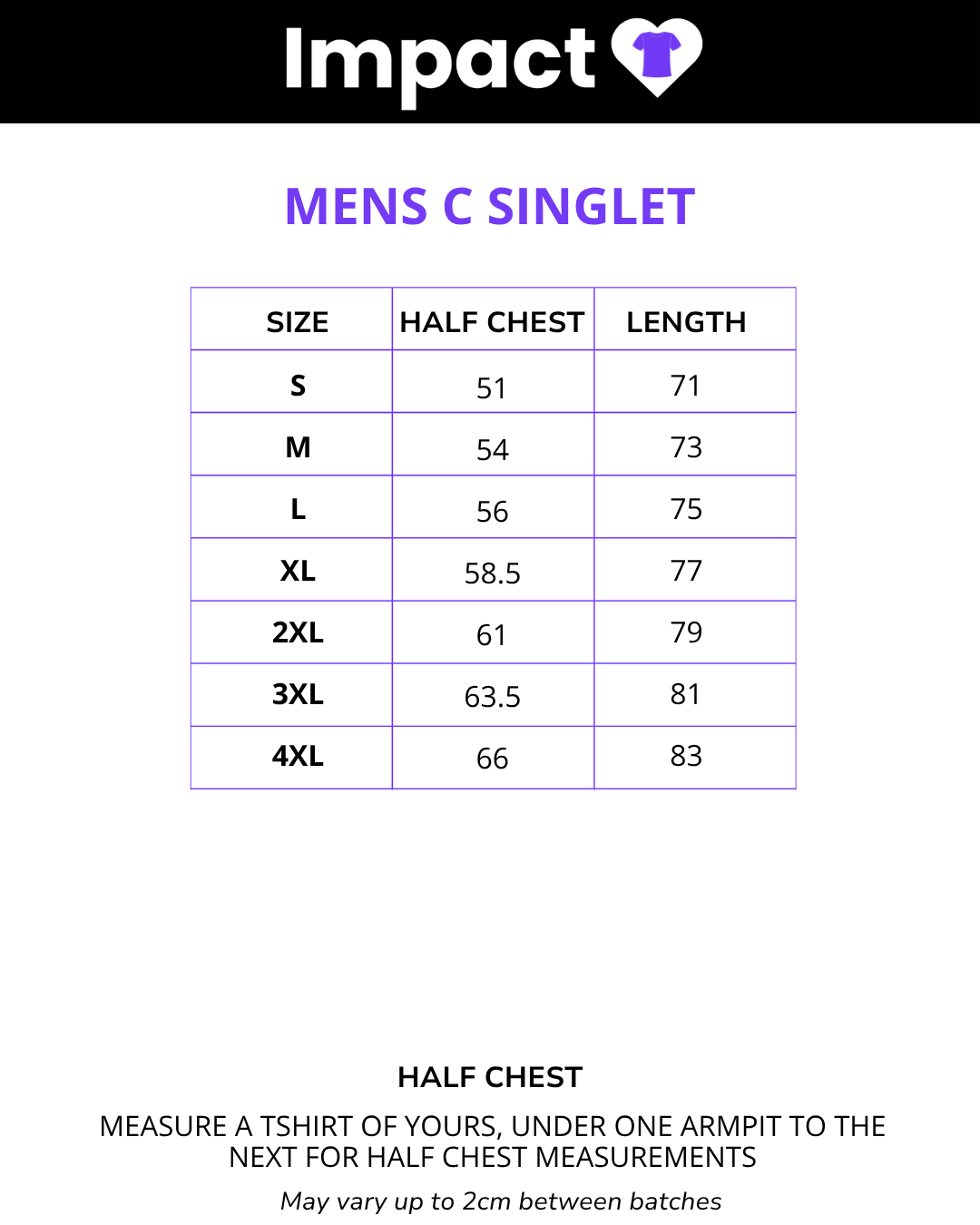 Size chart for Men’s Challenger Singlet