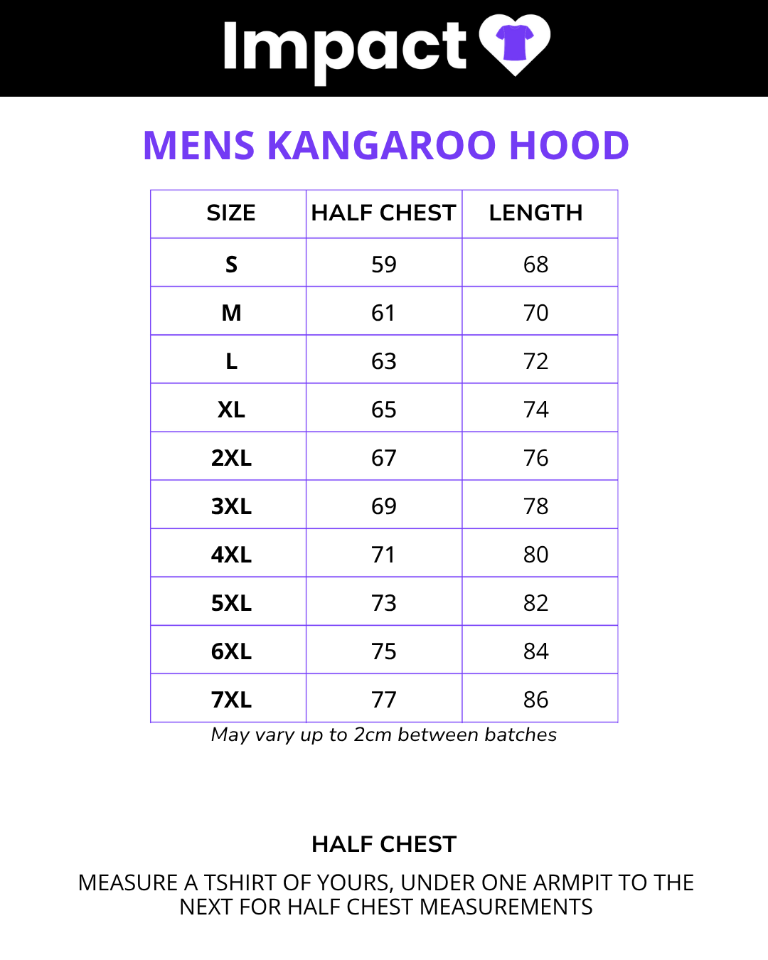 Size chart for Mens Kangaroo Hoodie