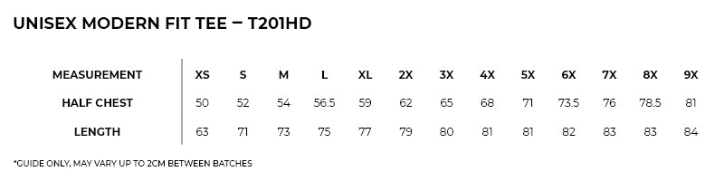 Size chart for Men's Modern Tee