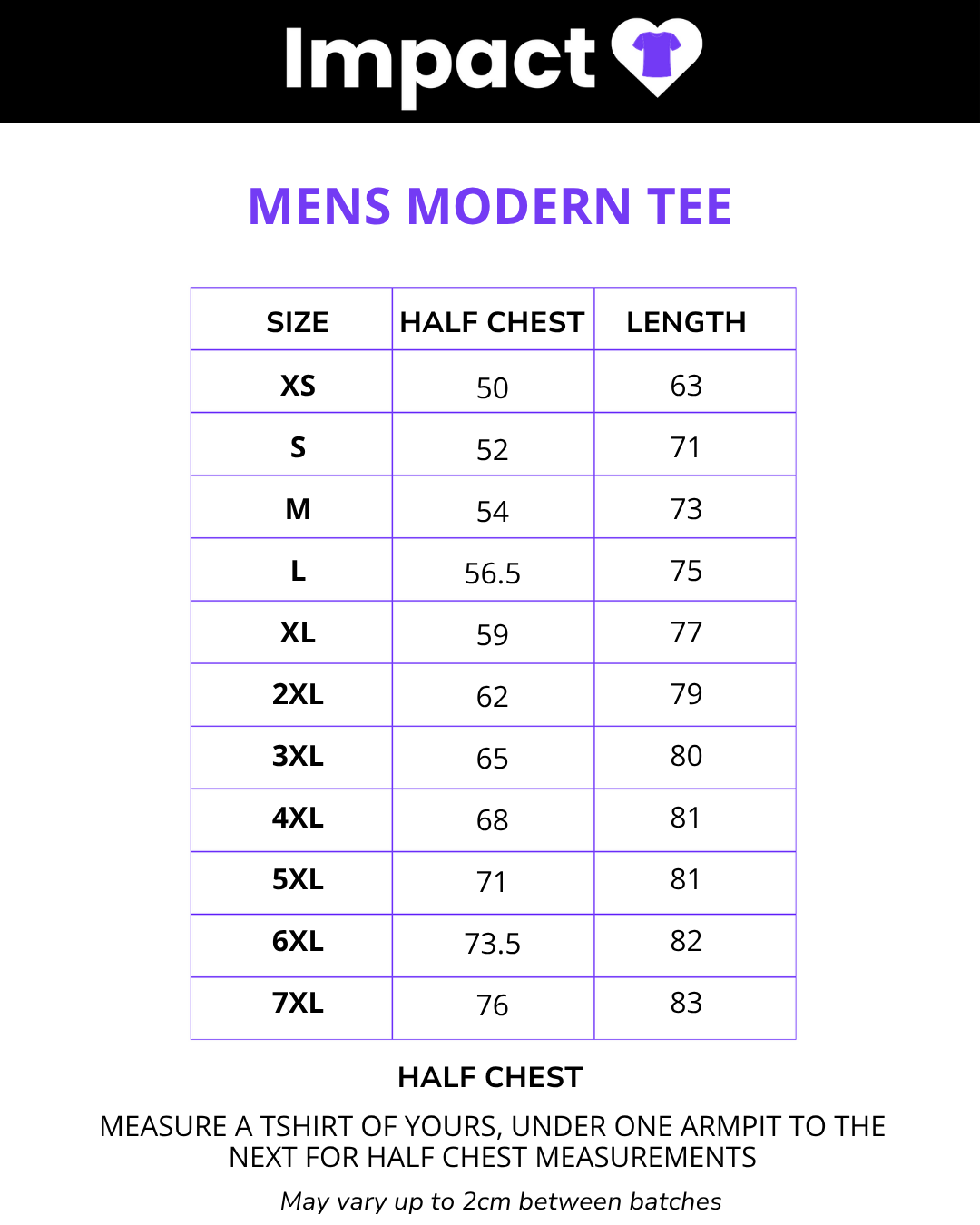 Size chart for Custom Tees (MEN)