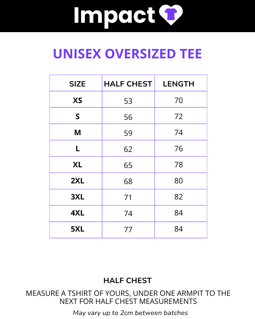 Size chart for Oversized UNISEX