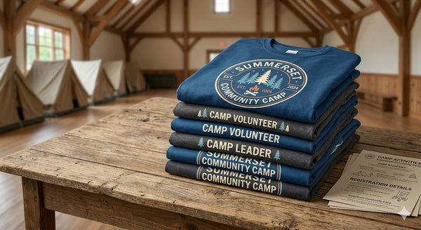 Stack of blue t-shirts with 'Summerset Community Camp' branding on a wooden table.