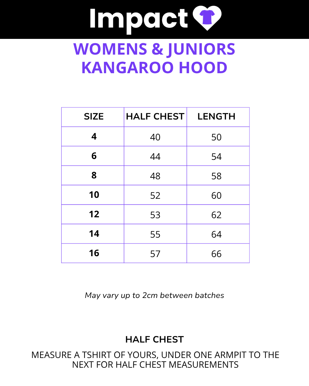 Size chart for Women's and Junior Kangaroo Hoodie