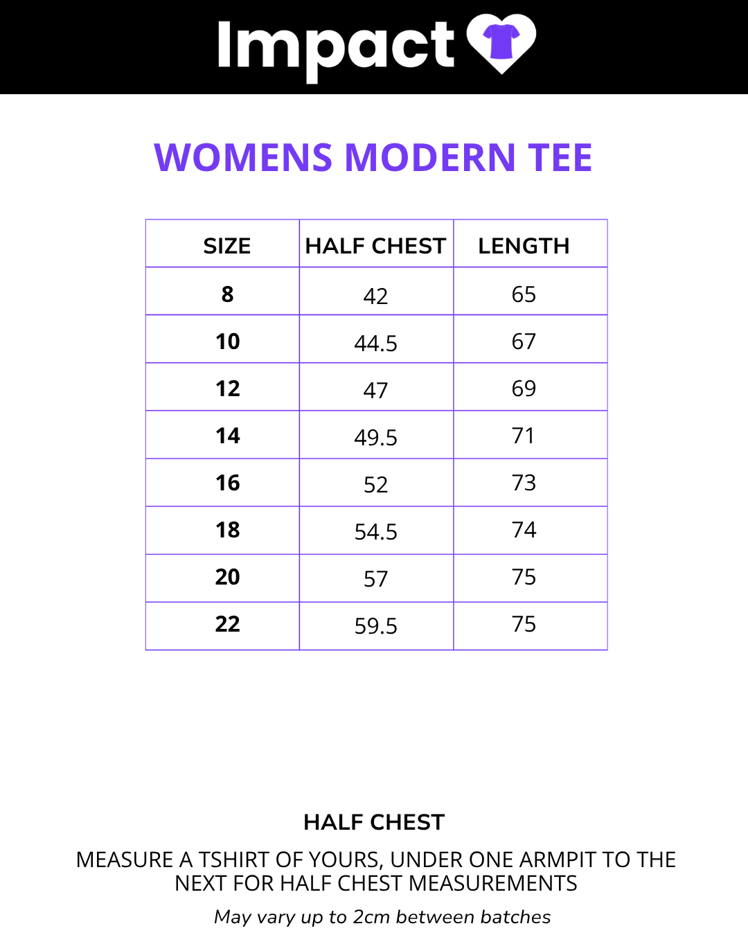 Size chart for Custom Tees (WOMEN)