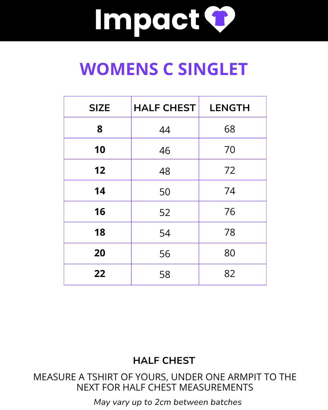 Size chart for Womens Challenger Singlet